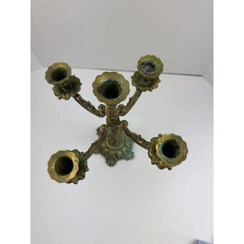 Vintage Ornate Brass 5 Arm Candelabra Ornate Floral Scrollwork Verdigris Patina
